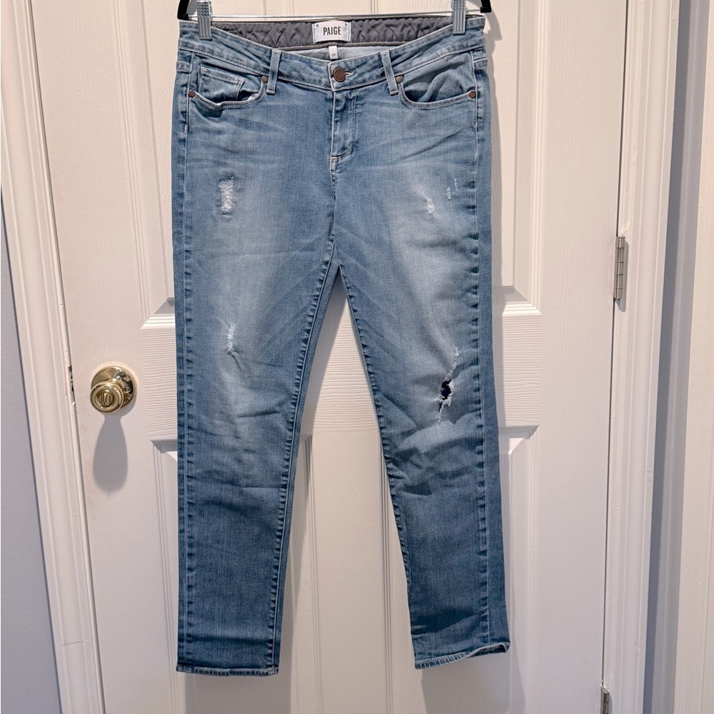PAIGE Blue Skinny Jeans with Distressed Finish